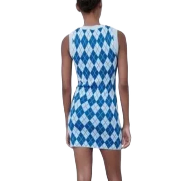 Zara Blue Argyle Diamond Sleeveless Knit Sweater Mini Dress - Blogger Fave - S - Picture 2 of 16